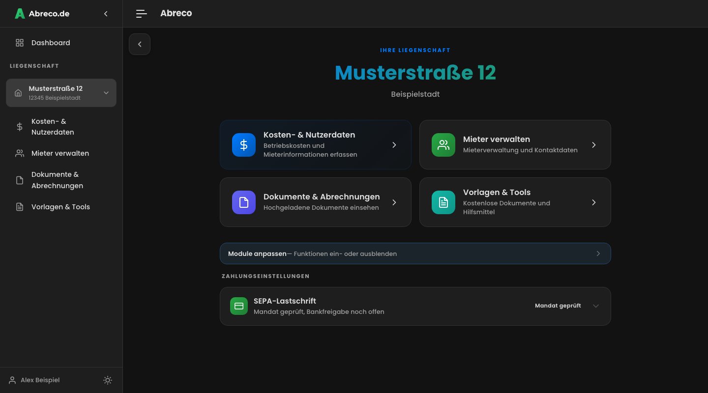 Abreco im Darkmode mit Navigation und Kopfzeile: die fiktive Liegenschaft Musterstraße 12