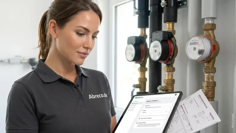 Abreco-Mitarbeiterin digitalisiert Abrechnungsunterlagen neben Heiz- und Wasserzählern